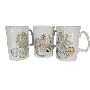 Vtg Royal Crown Porcelain Mug Set 3 Cats Flowers White Coffee Tea Cups
